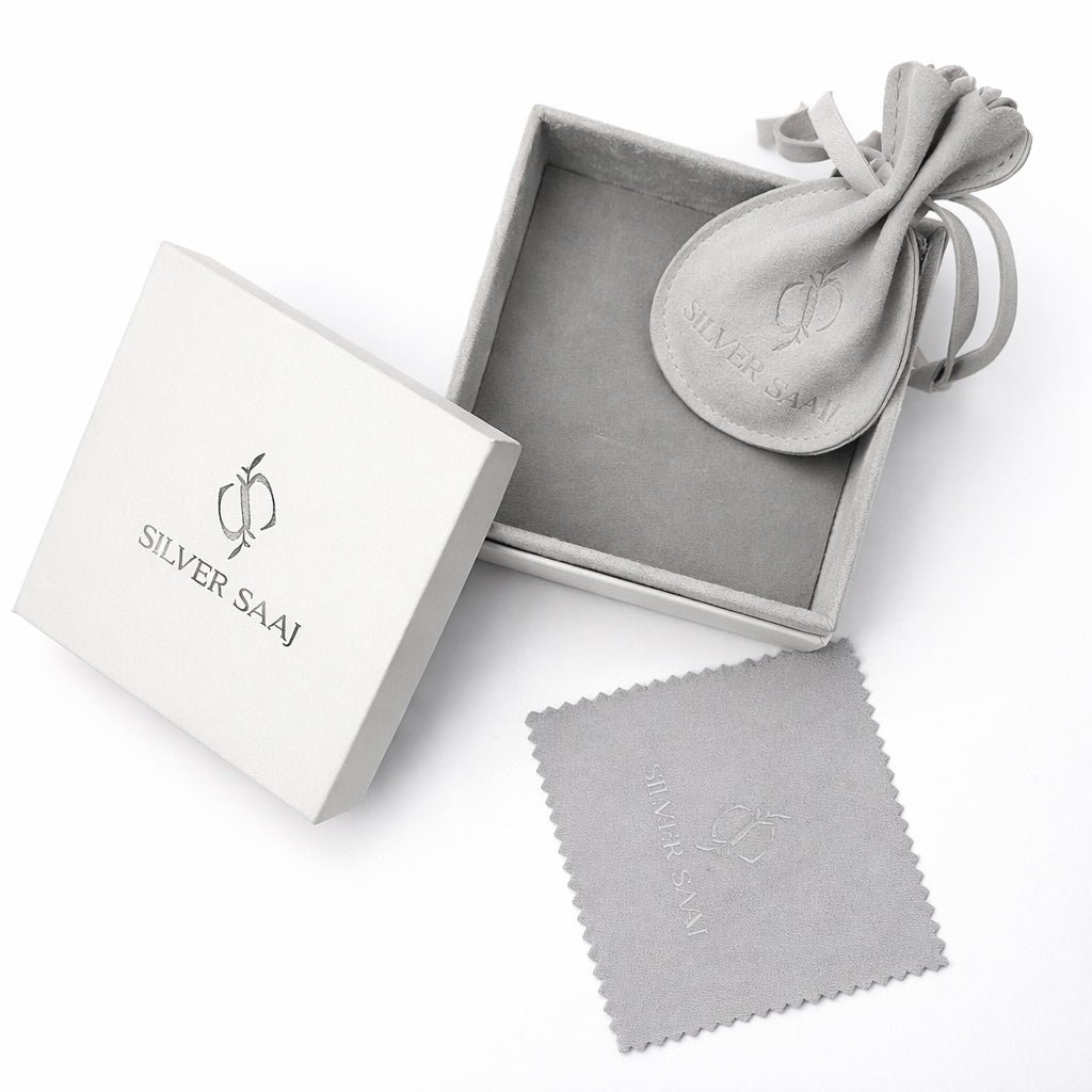 Silver Saaj jewelry set with box, pouch, and cleaning cloth