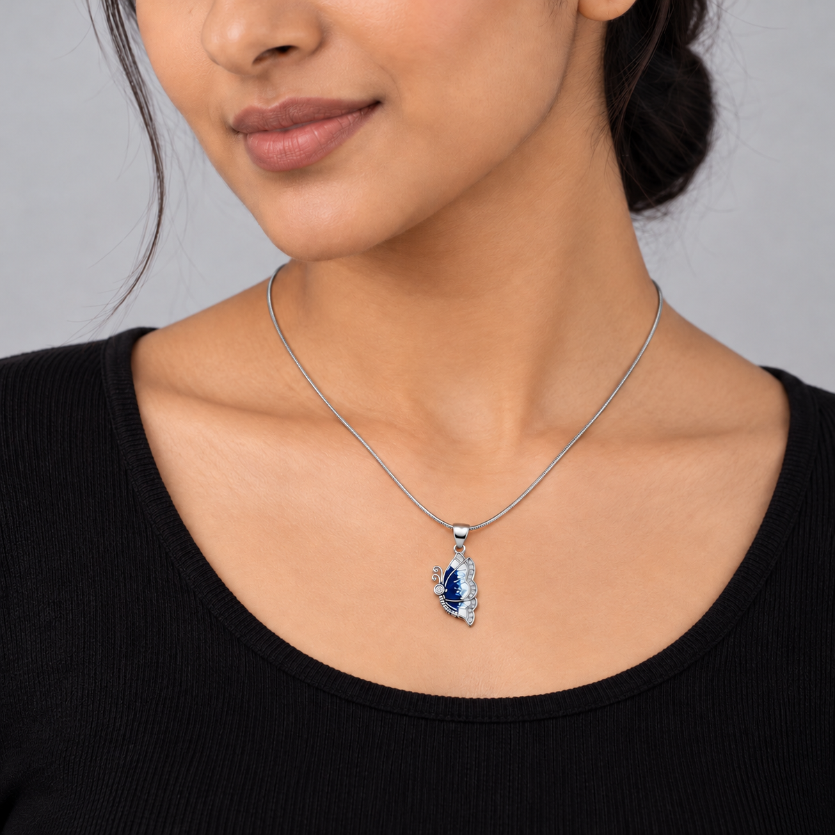 Blue Enamel Butterfly Pendant Necklace