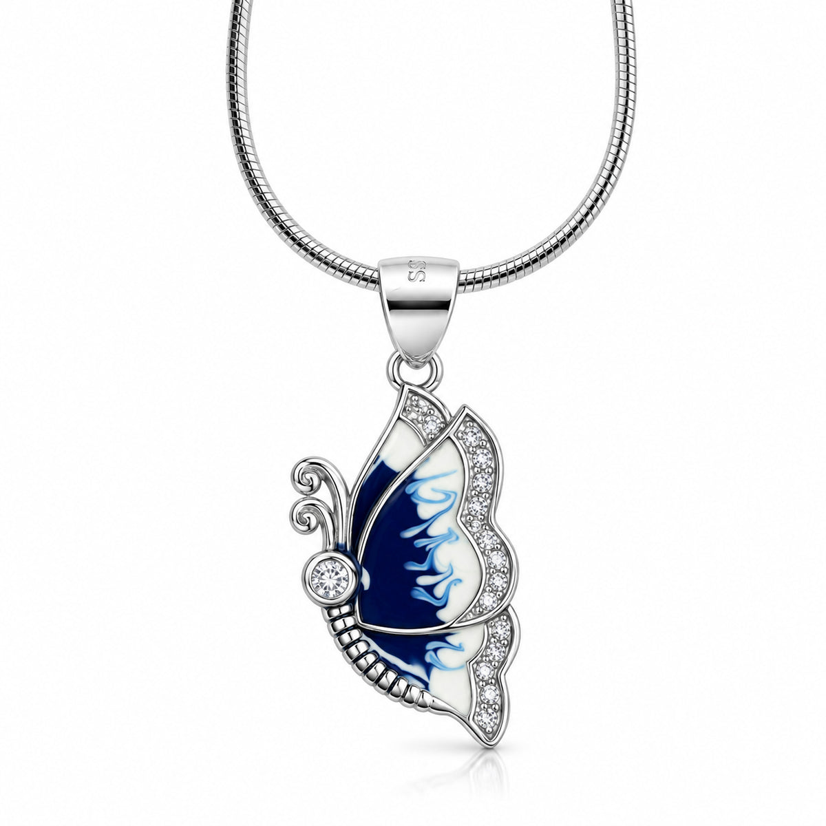 Blue Enamel Butterfly Pendant Necklace