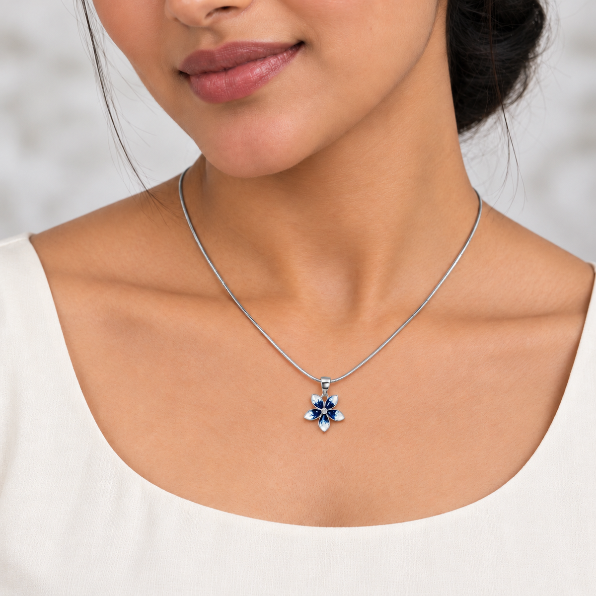 Blue Enamel Flower Pendant Necklace