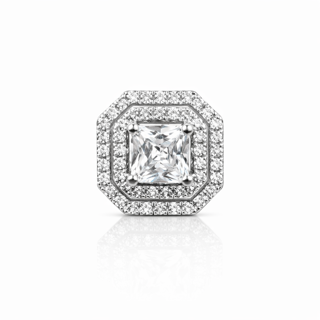 Classic Square Halo Silver Stud Earrings