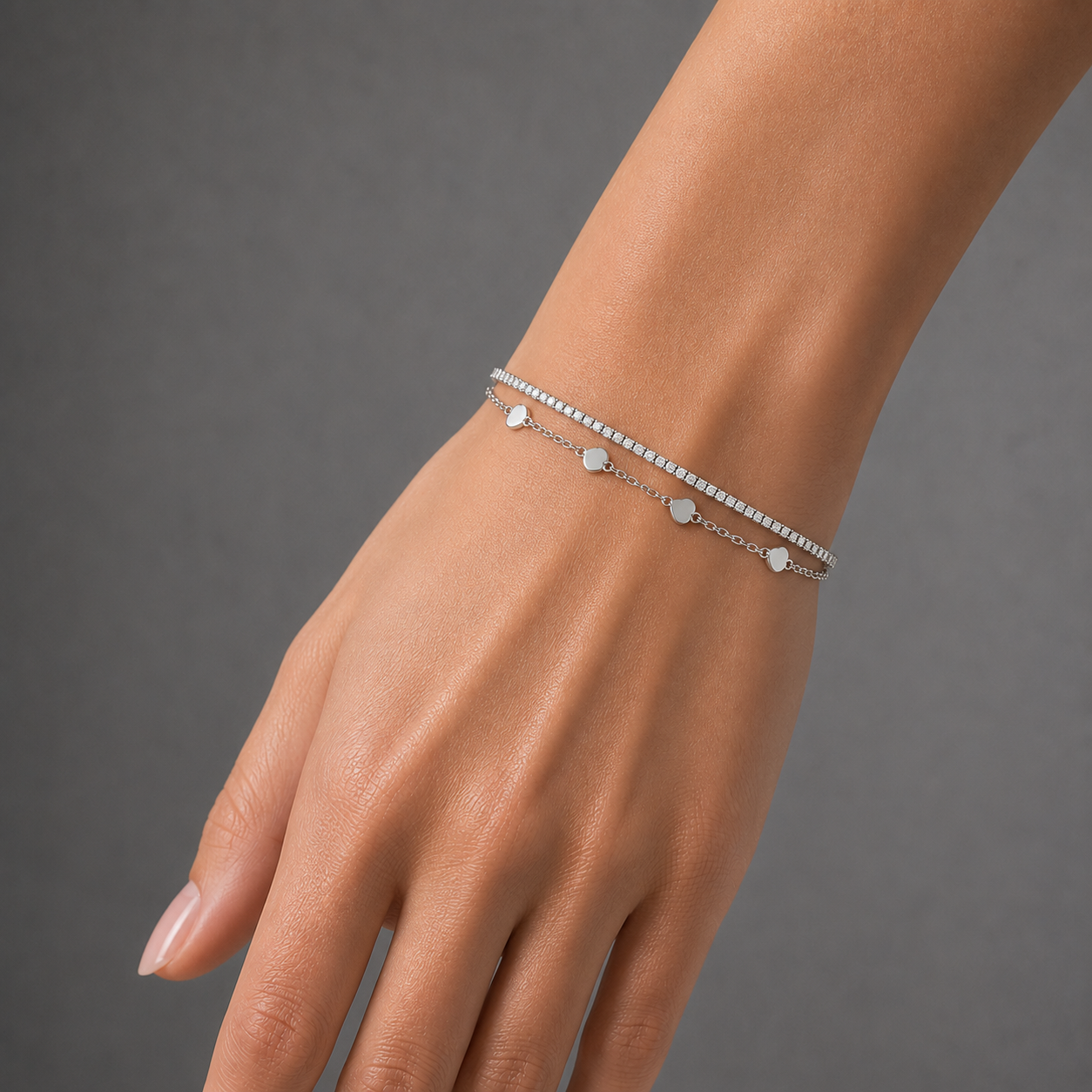 Dual Heart Sparkle Silver Bracelet