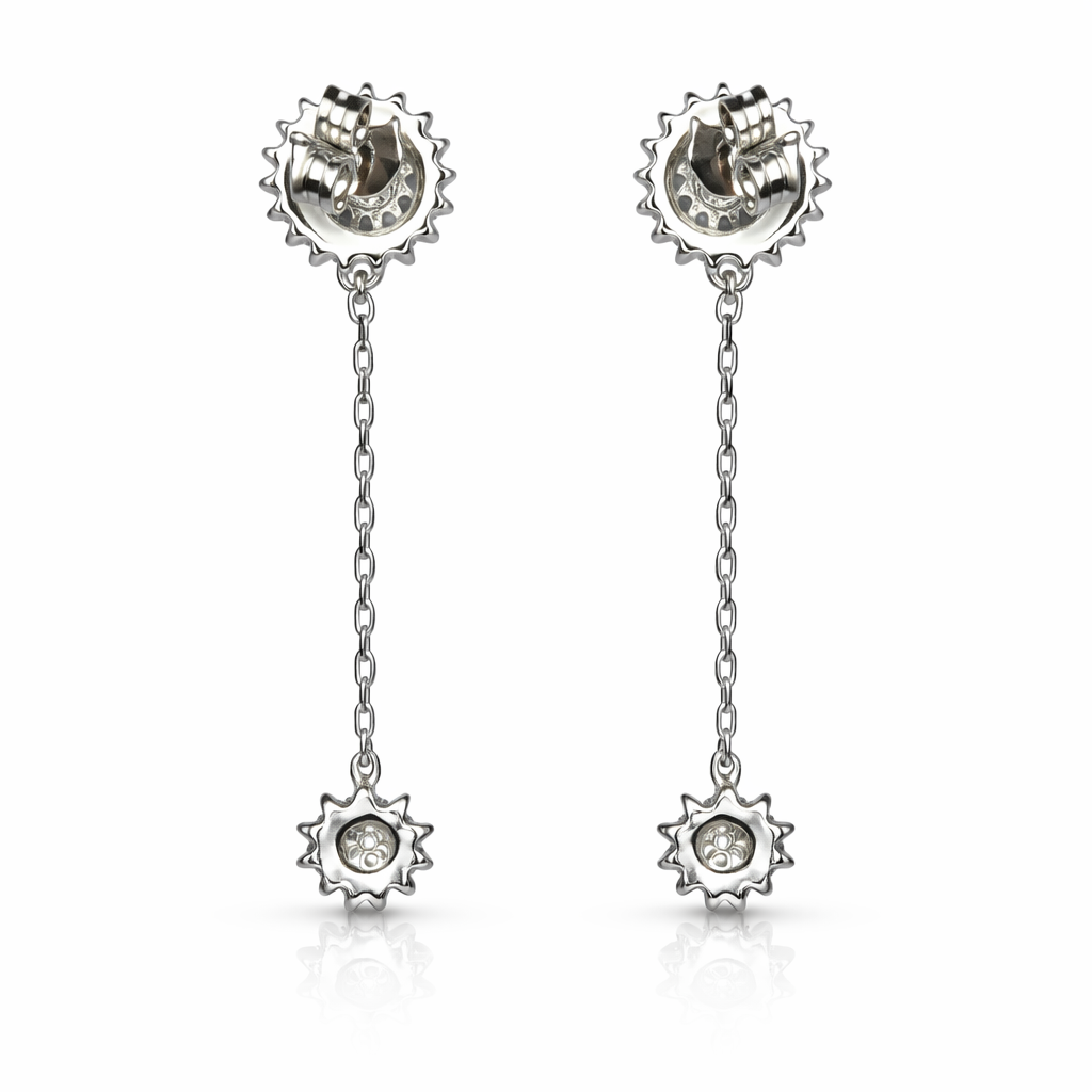 Floral Sparkle Chain Drop Silver Earrings