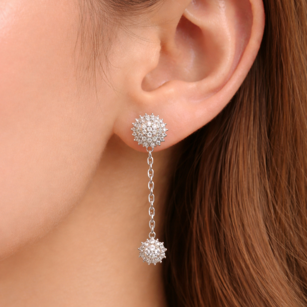 Floral Sparkle Chain Drop Silver Earrings