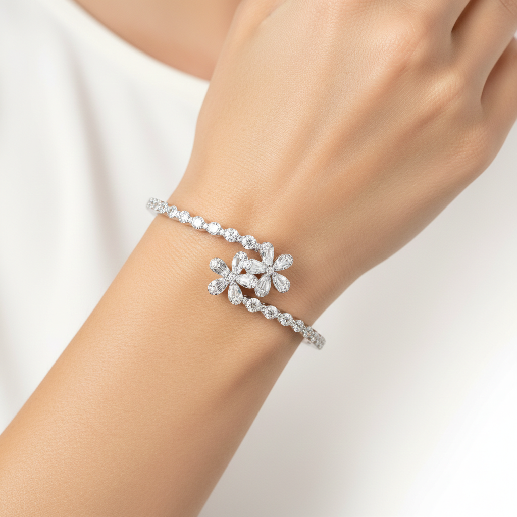 Floral Sparkle Diamond-Style Bangle Bracelet