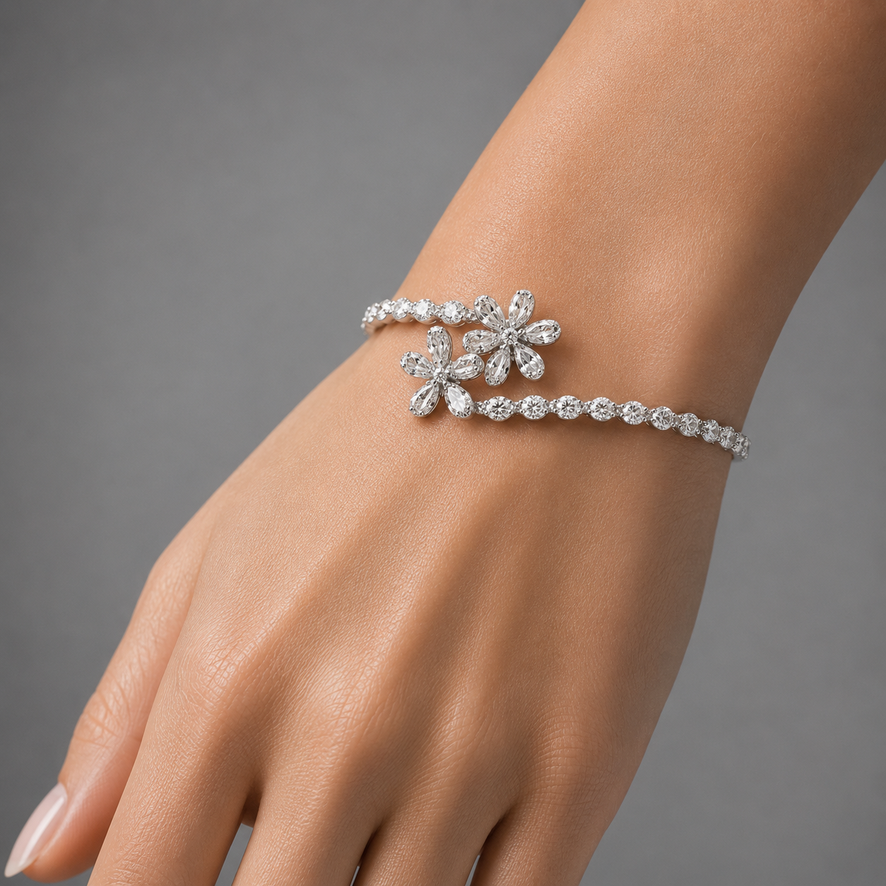 Floral Sparkle Diamond-Style Bangle Bracelet