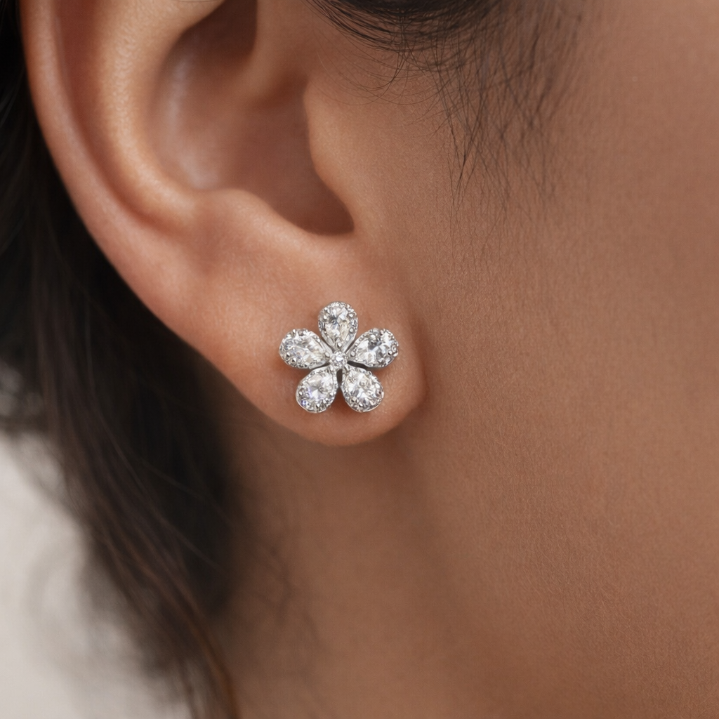 Floral Sparkle Silver Stud Earrings