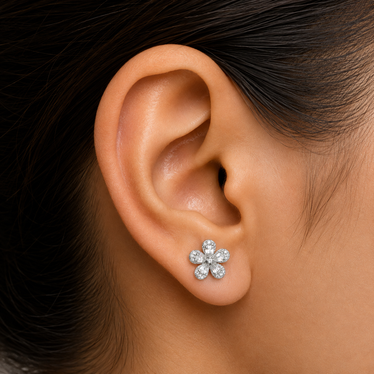 Floral Sparkle Silver Stud Earrings