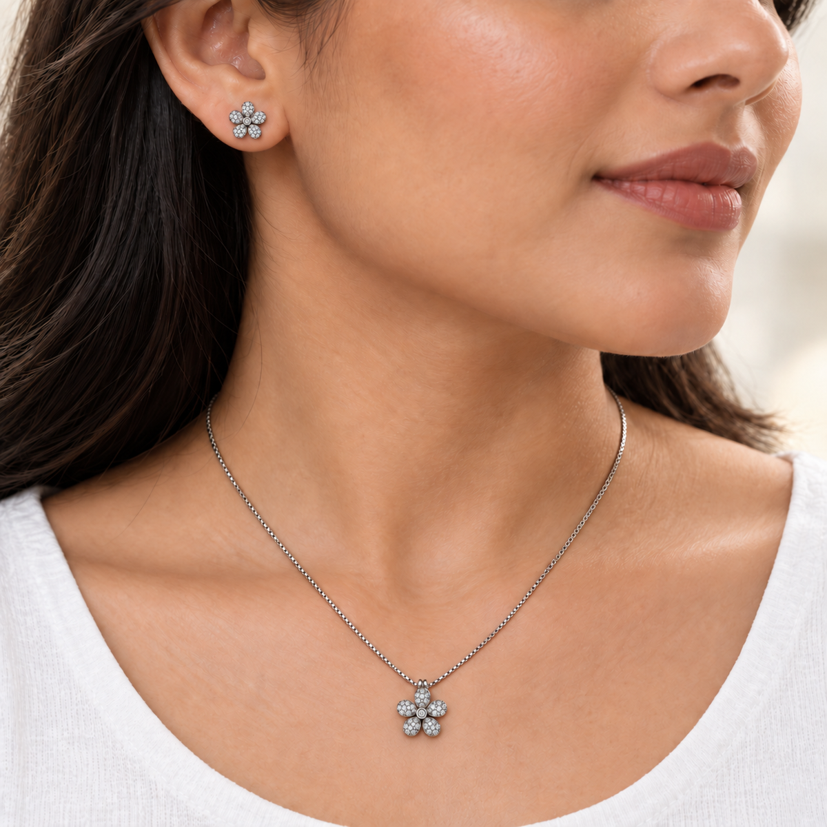 Pavé Blossom Pendant & Earrings Set