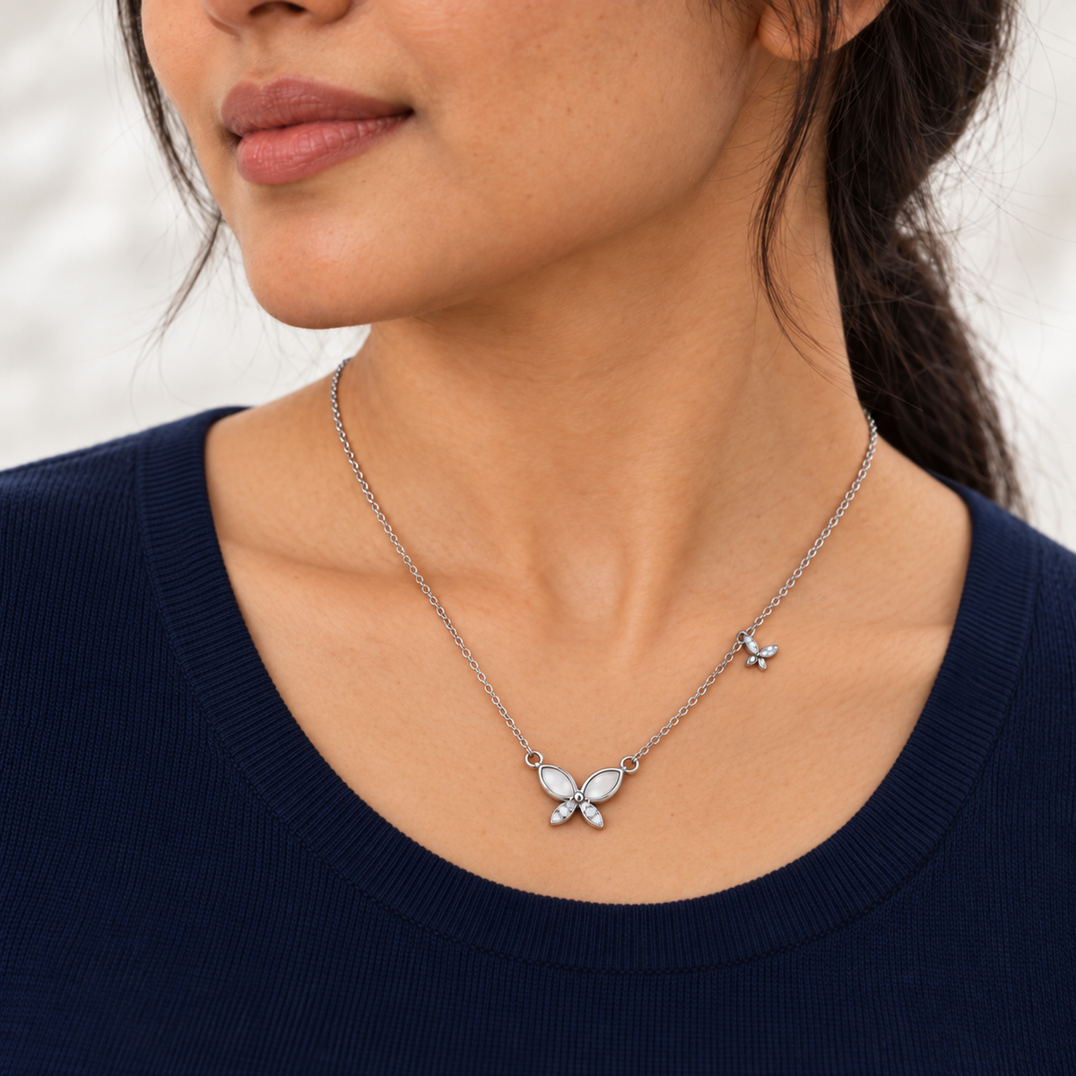Silver Butterfly Necklace with Side Charm