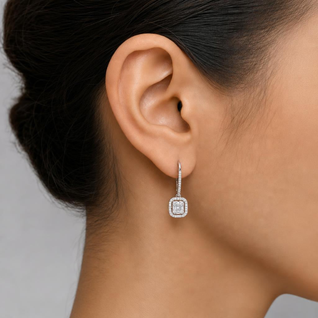 Square Baguette Halo Drop Earrings