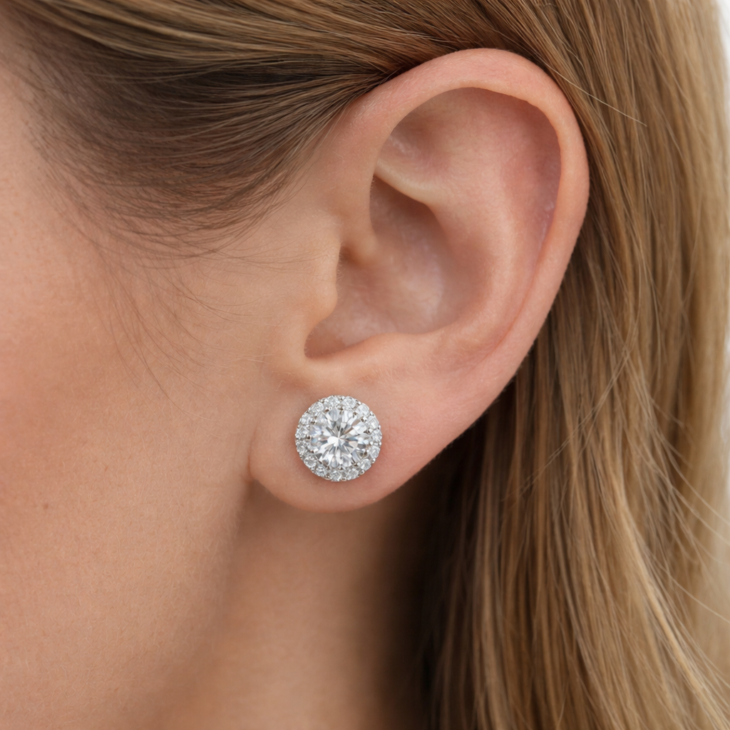 Classic Halo Sparkle Silver Stud Earrings