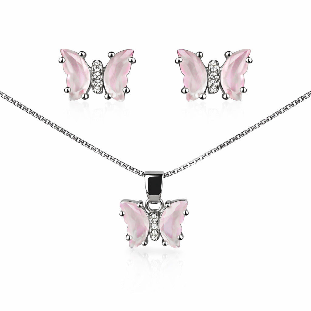 Pink Butterfly Silver Pendant Set