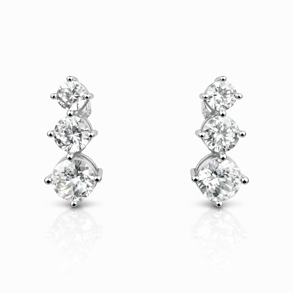 Triple Sparkle Silver Stud Earrings