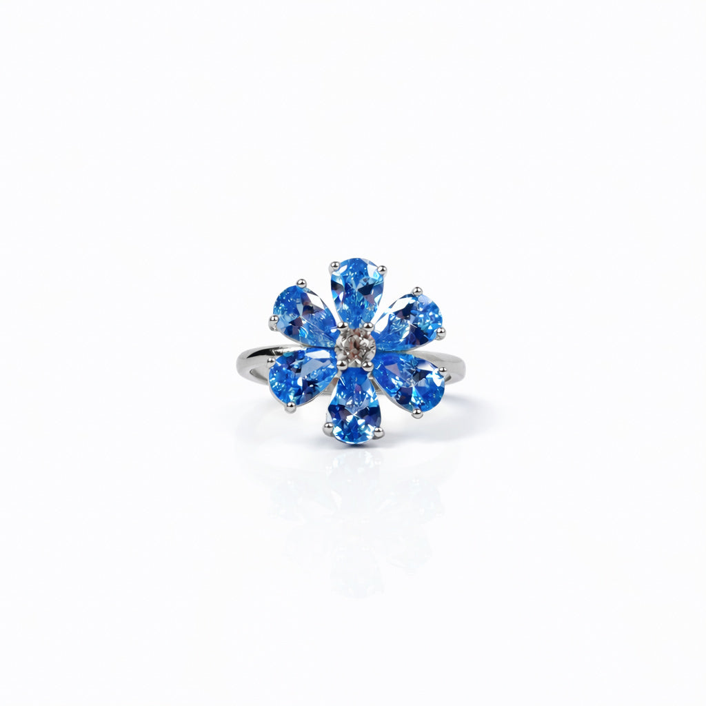 Blue Bloom Floral Silver Ring