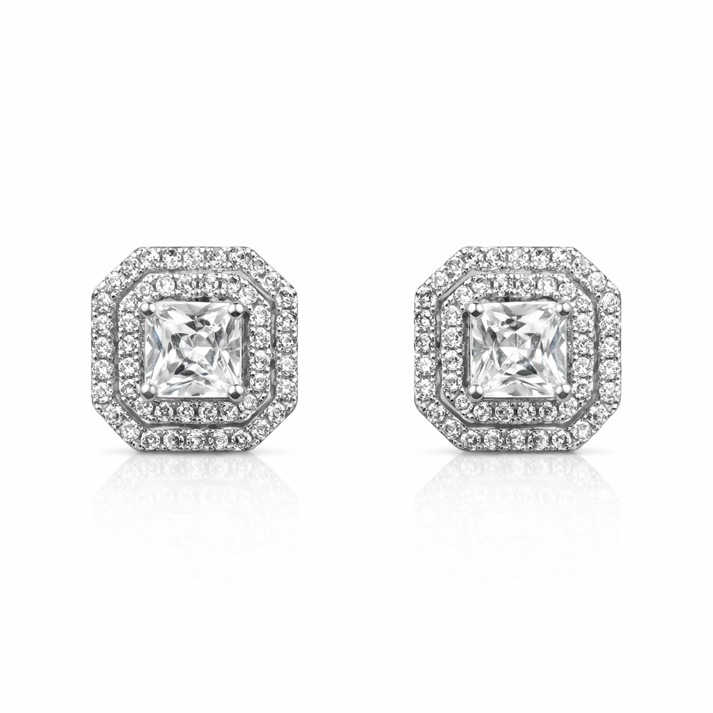 Classic Square Halo Silver Stud Earrings