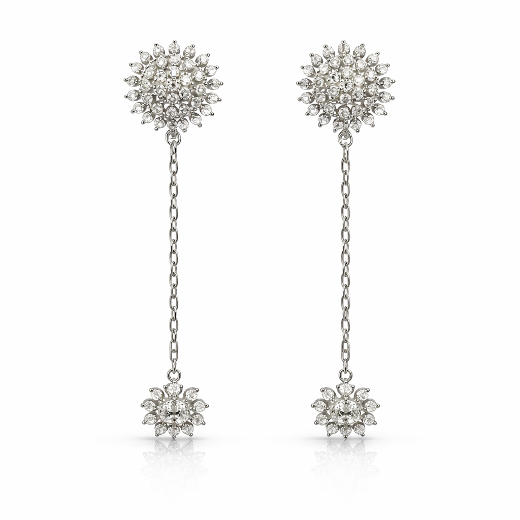 Floral Sparkle Chain Drop Silver Earrings