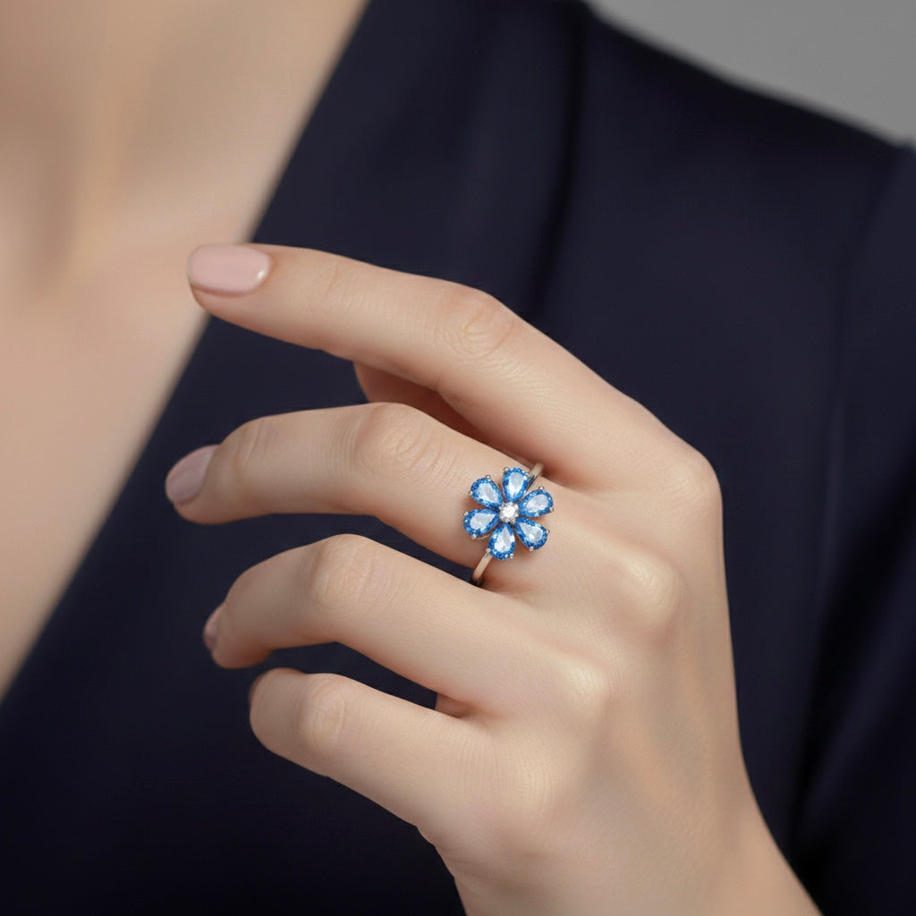Blue Bloom Floral Silver Ring