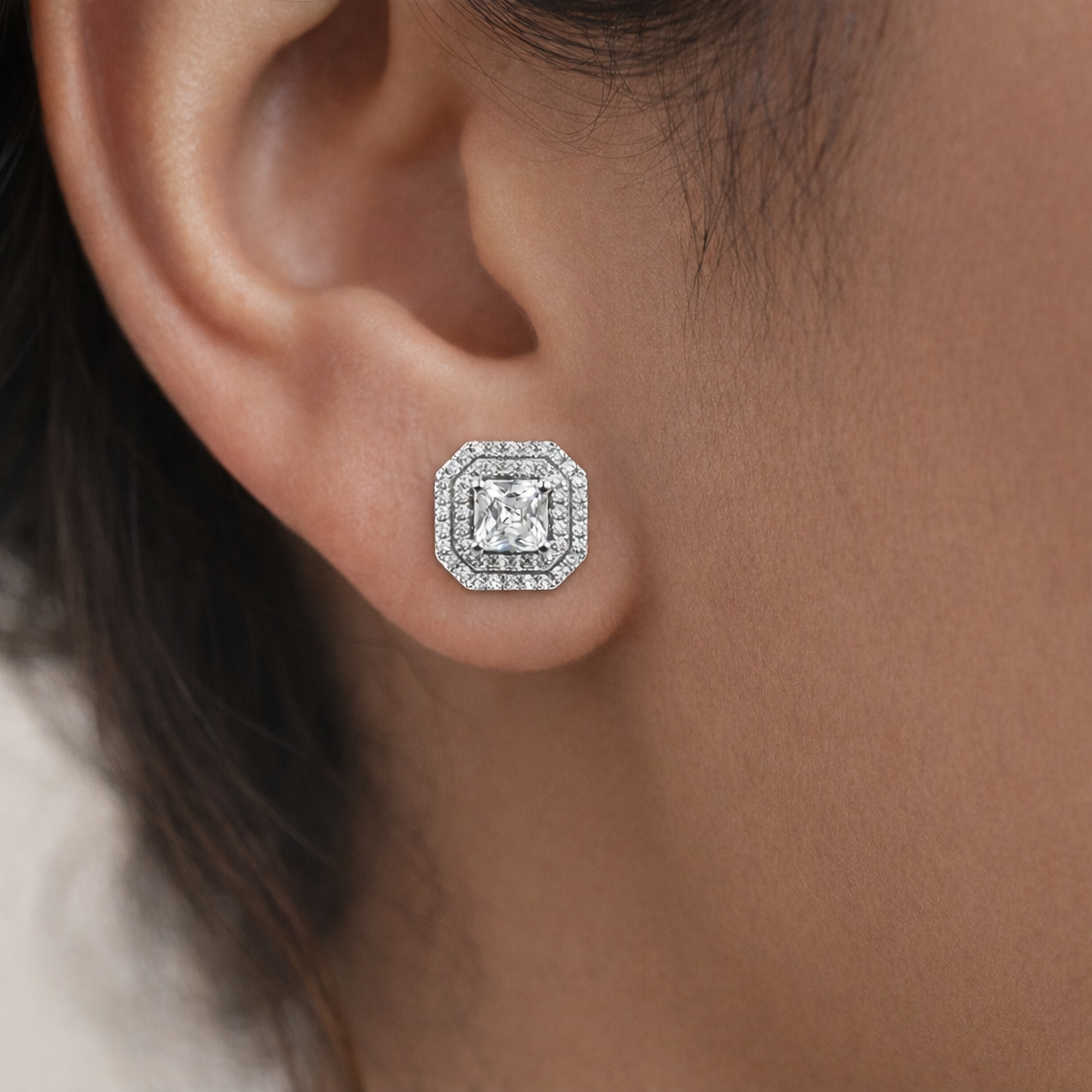 Classic Square Halo Silver Stud Earrings