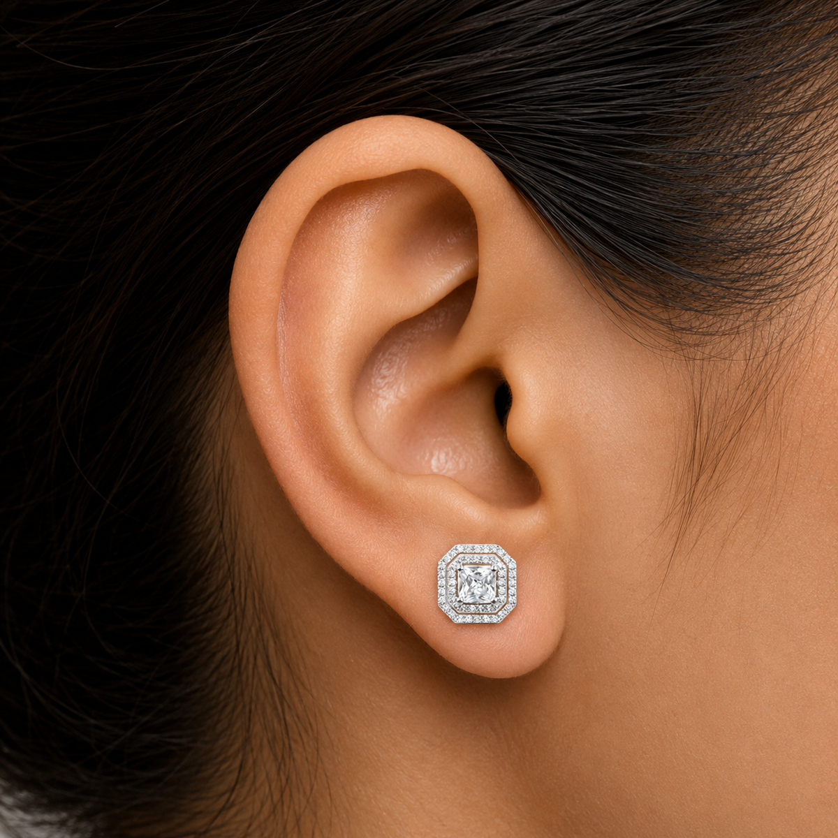 Classic Square Halo Silver Stud Earrings