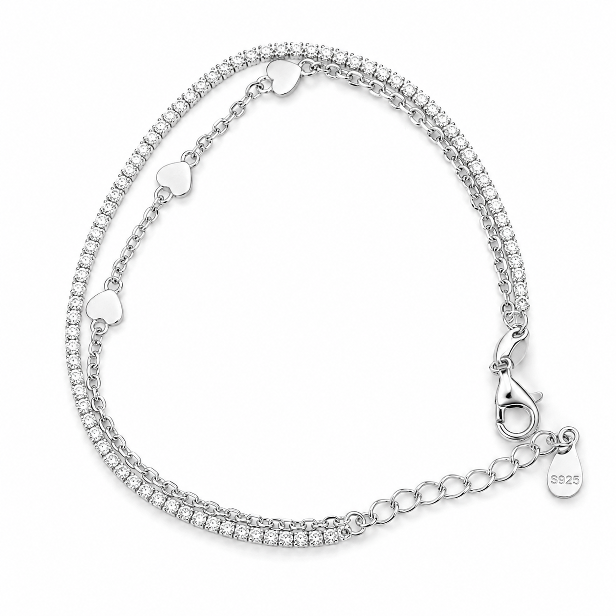 Dual Heart Sparkle Silver Bracelet