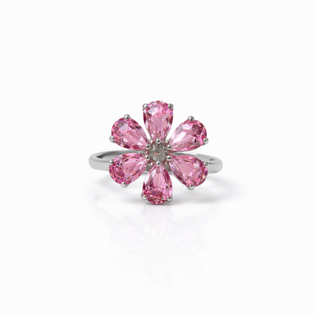 Pink Floral Stone Silver Ring