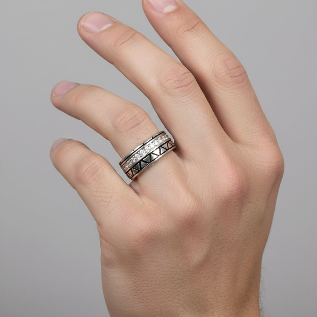 Men’s Oxidised Silver Geometric Stone Ring