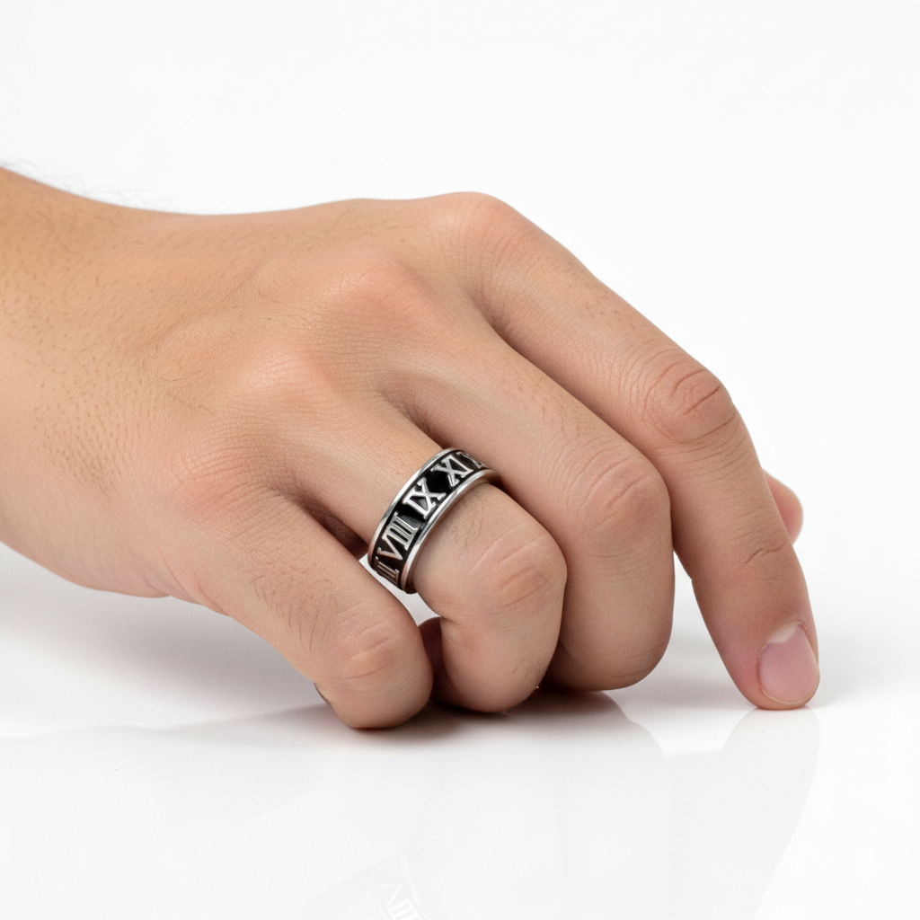 Men’s Roman Numeral Silver Band Ring