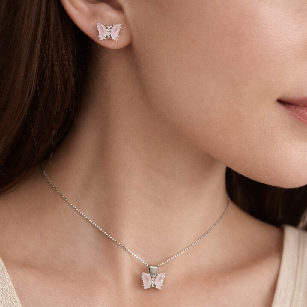 Pink Butterfly Silver Pendant Set