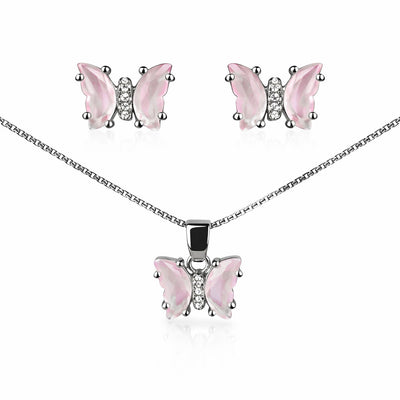 Pink Butterfly Silver Pendant Set