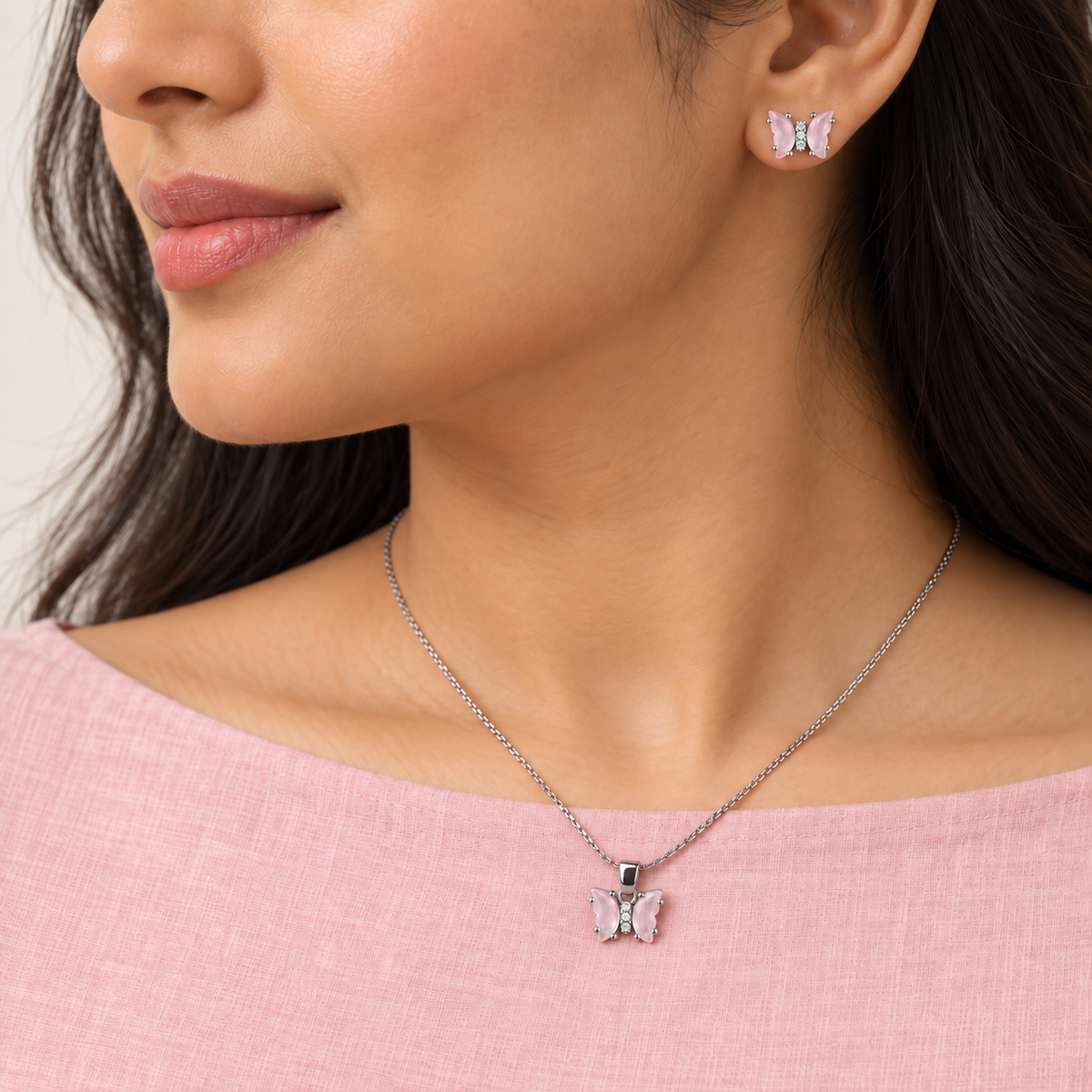 Pink Butterfly Silver Pendant Set