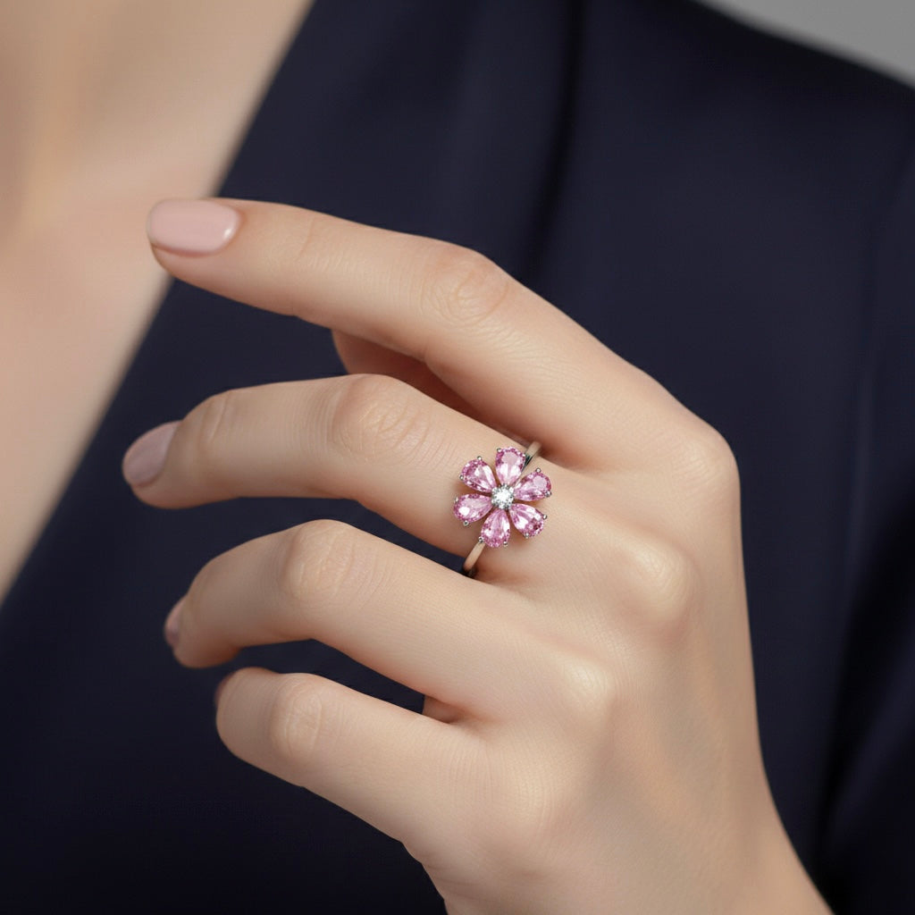 Pink Floral Stone Silver Ring