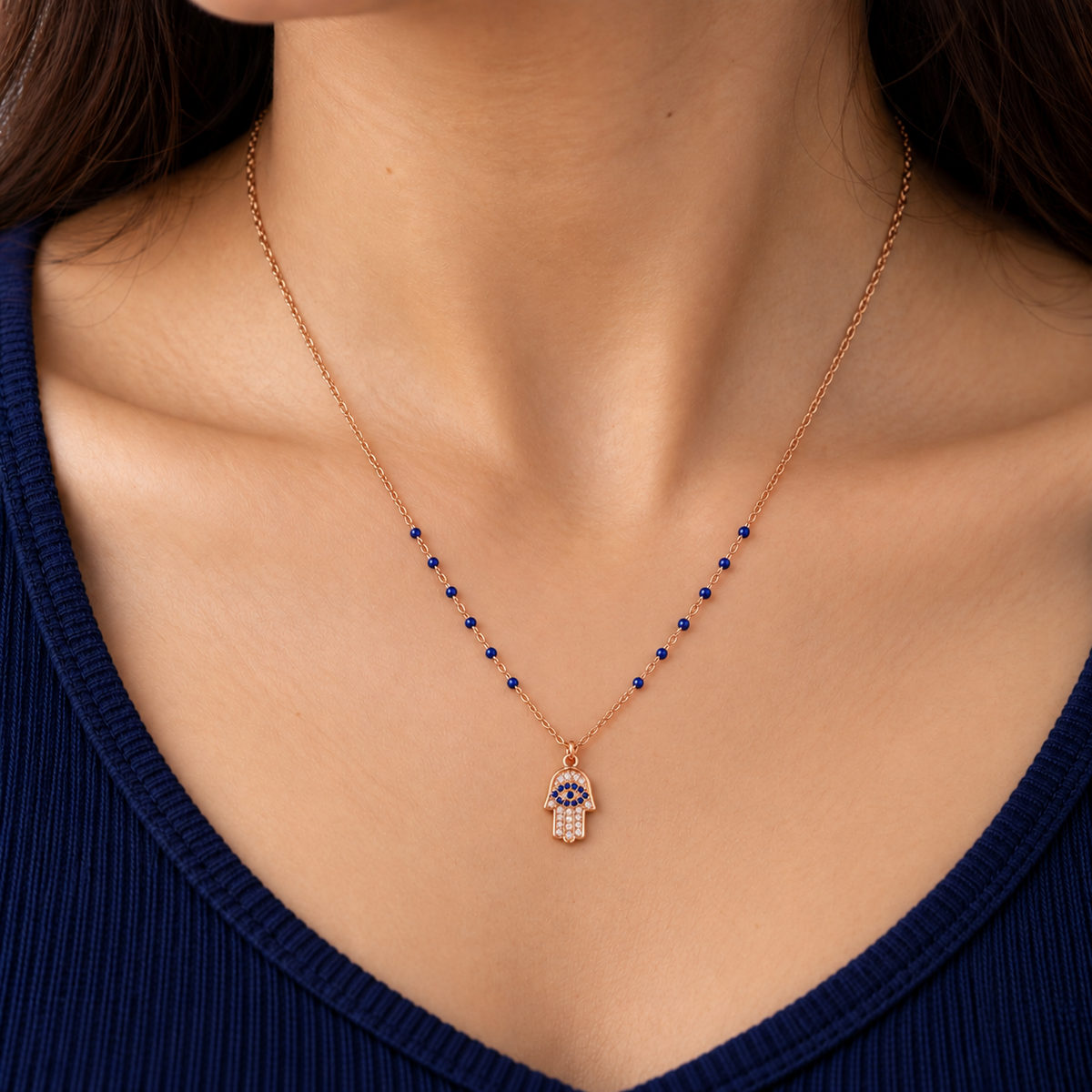 Rose Gold Plated Hamsa Evil Eye Pendant Necklace