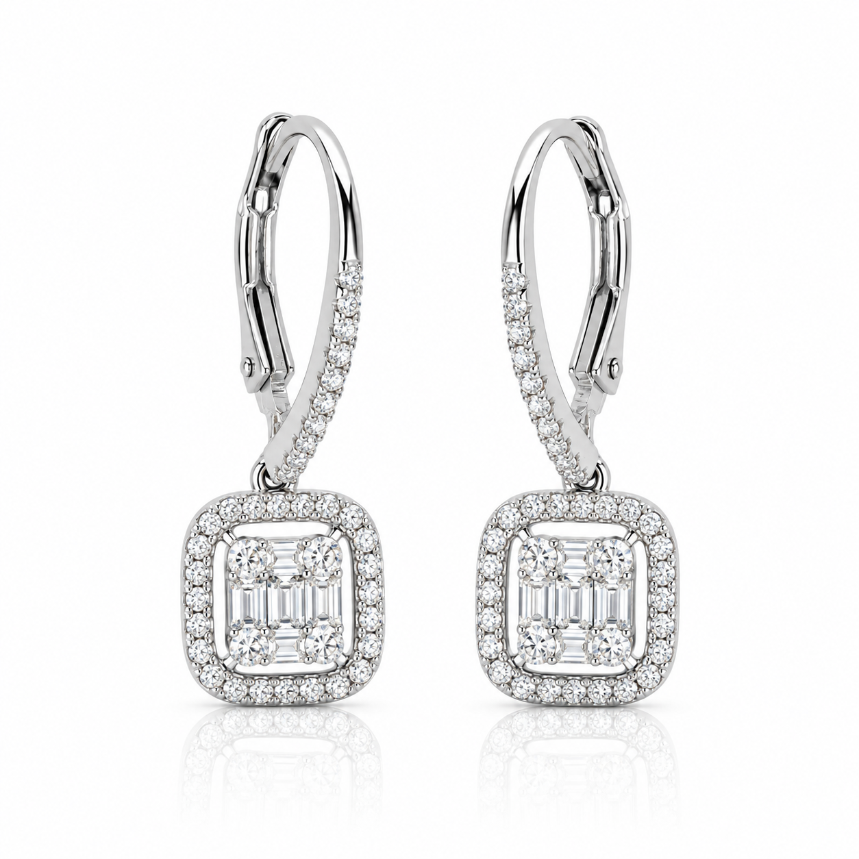 Square Baguette Halo Drop Earrings