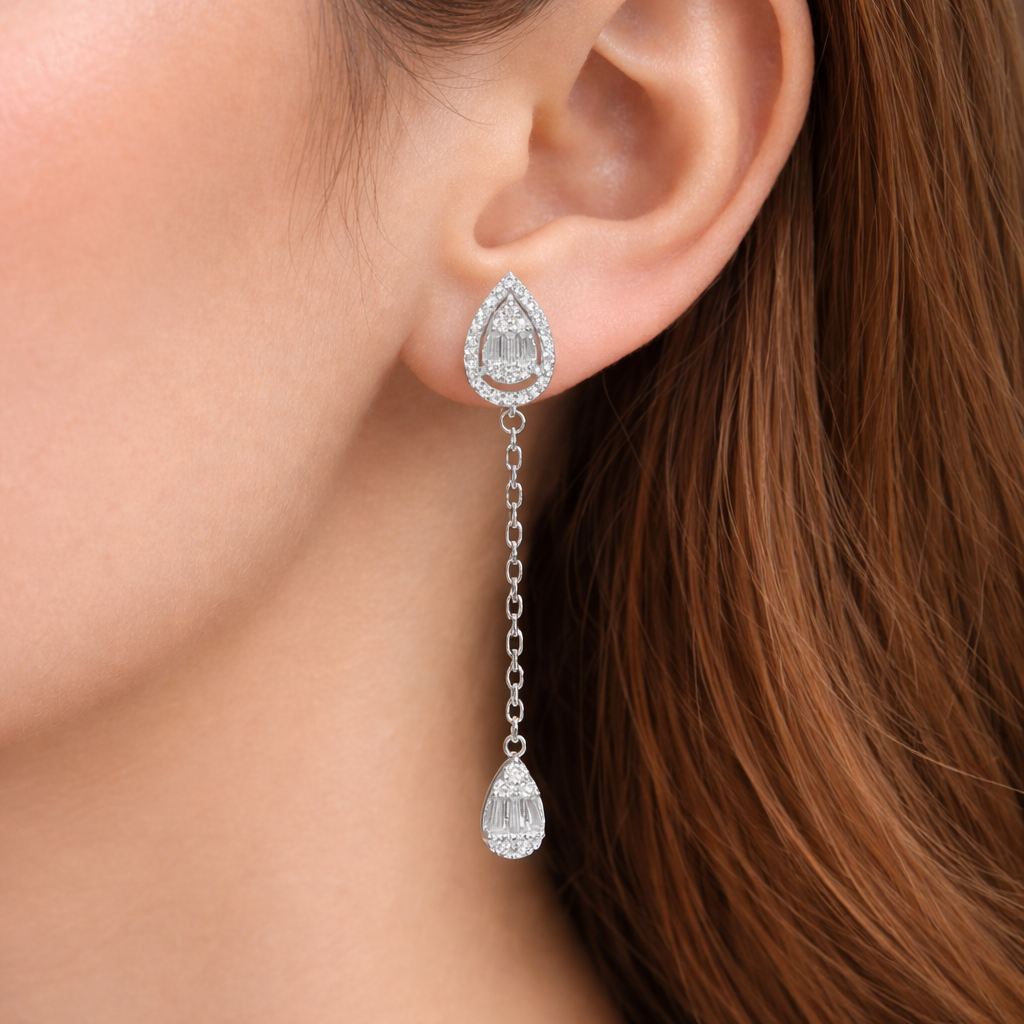 Teardrop Chain Dangler Silver Earrings