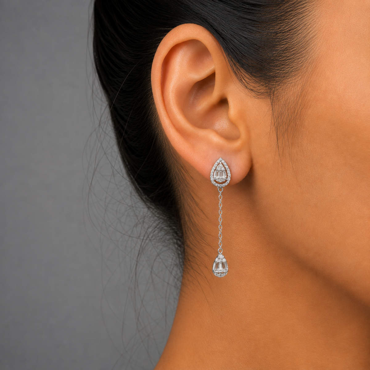 Teardrop Chain Dangler Silver Earrings
