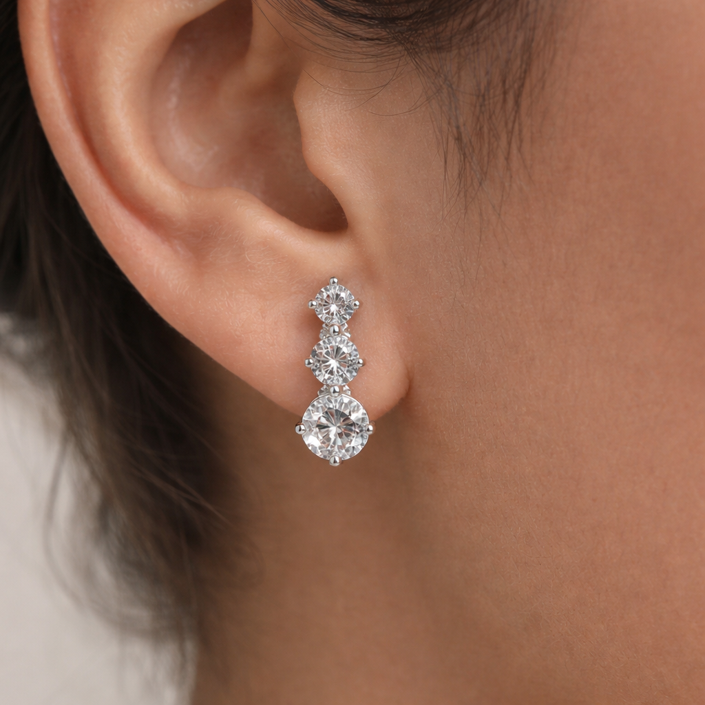 Triple Sparkle Silver Stud Earrings